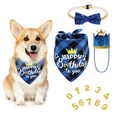 Dog Birthday Bandana Set, Doggie Birthday Party Supplies Decorations (11-Piece Set) with Cute Dog Bow Tie, Crown Hat with Numbers for Small Medium Large Dogs, Blue Dog Birthday Outfit (Blue)