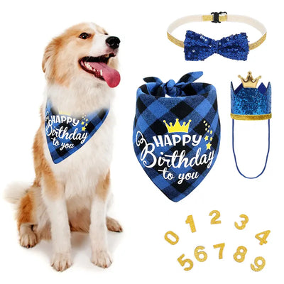 Dog Birthday Bandana Set, Doggie Birthday Party Supplies Decorations (11-Piece Set) with Cute Dog Bow Tie, Crown Hat with Numbers for Small Medium Large Dogs, Blue Dog Birthday Outfit (Blue)